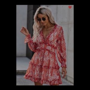 Red Floral Ruffle Dress EUC